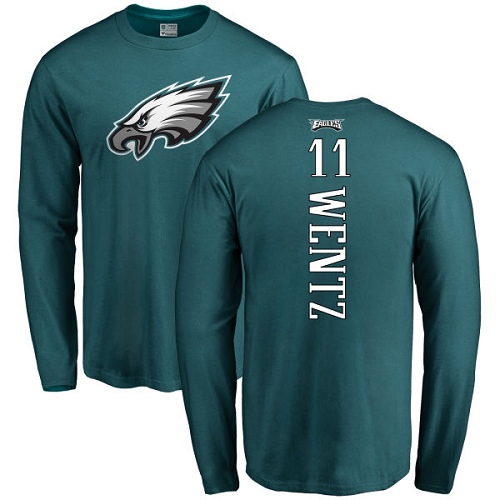 Men Philadelphia Eagles #11 Carson Wentz Green Backer Long Sleeve NFL T Shirt->philadelphia eagles->NFL Jersey